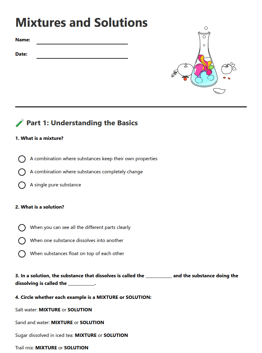 Mixtures and Solutions worksheet preview
