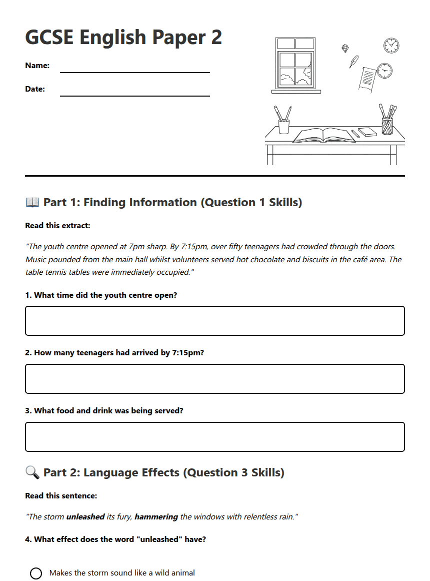 GCSE English Paper 2 worksheet preview