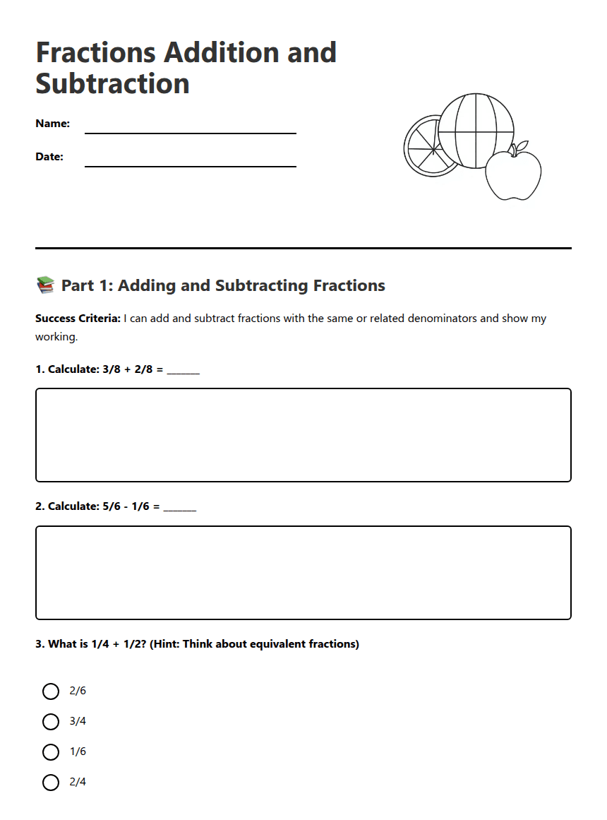 Fractions Addition and Subtraction worksheet preview