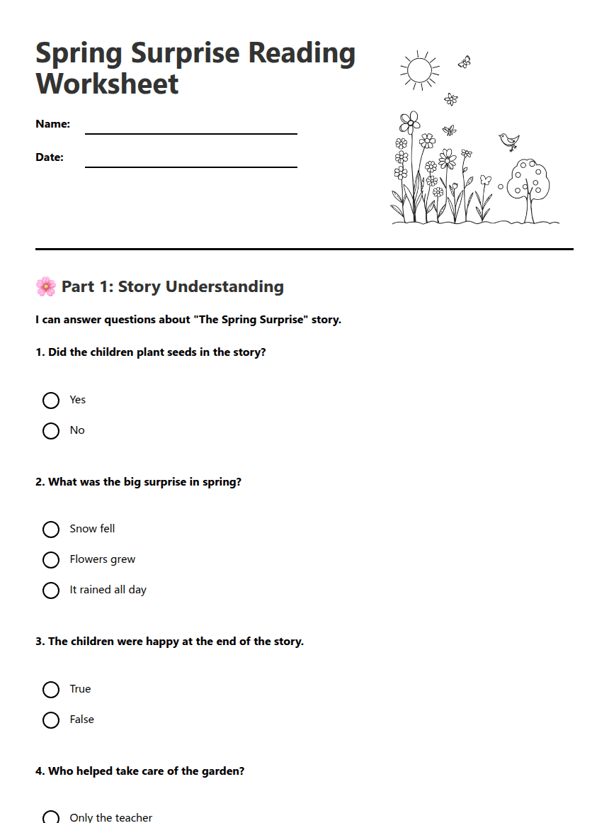 Spring Surprise Reading Worksheet worksheet preview