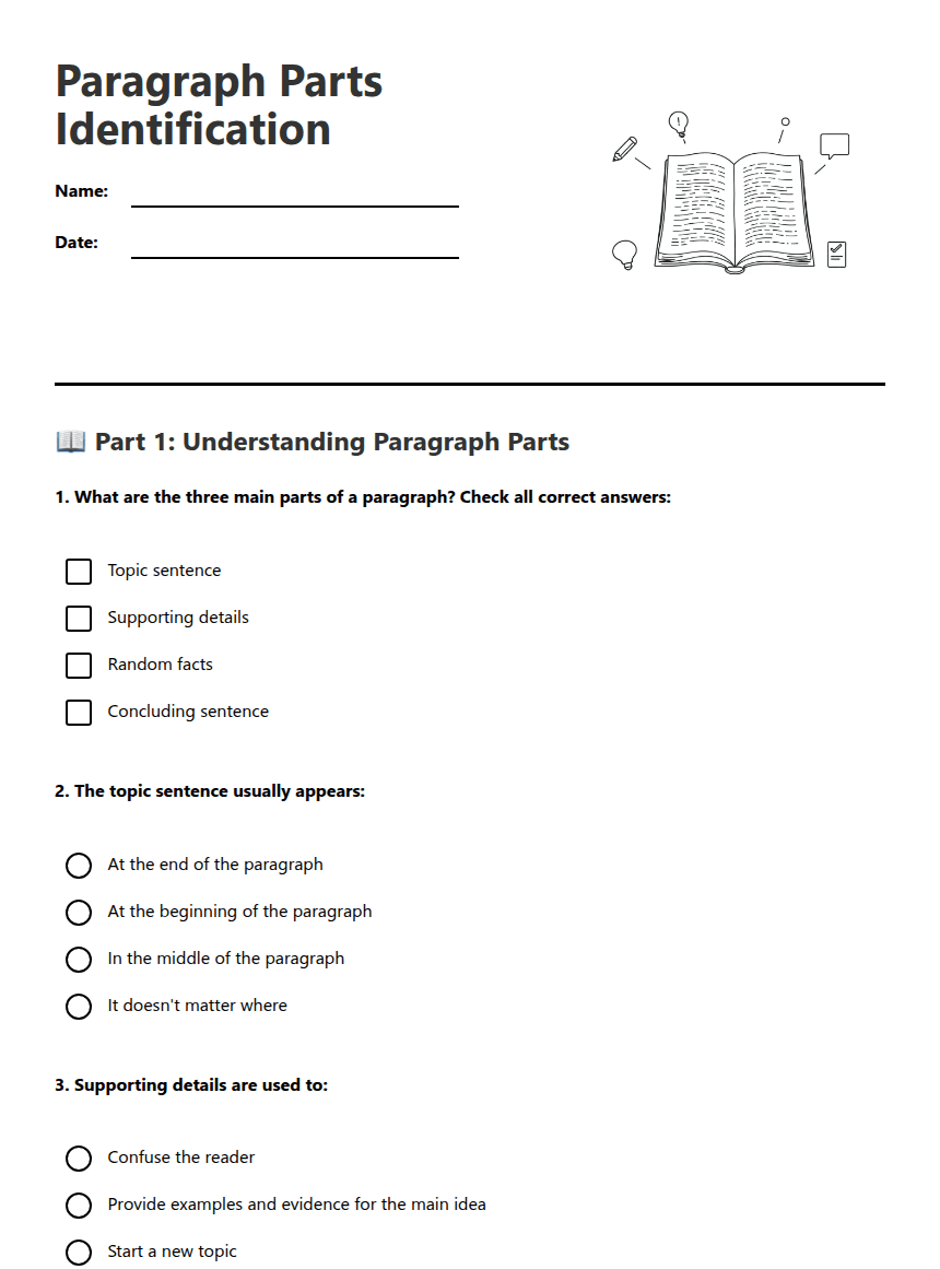 Paragraph Parts Identification worksheet preview