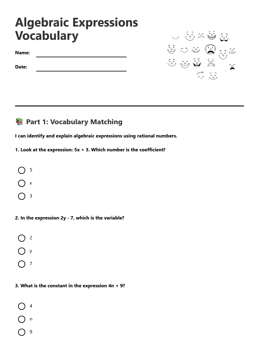 Algebraic Expressions Vocabulary worksheet preview