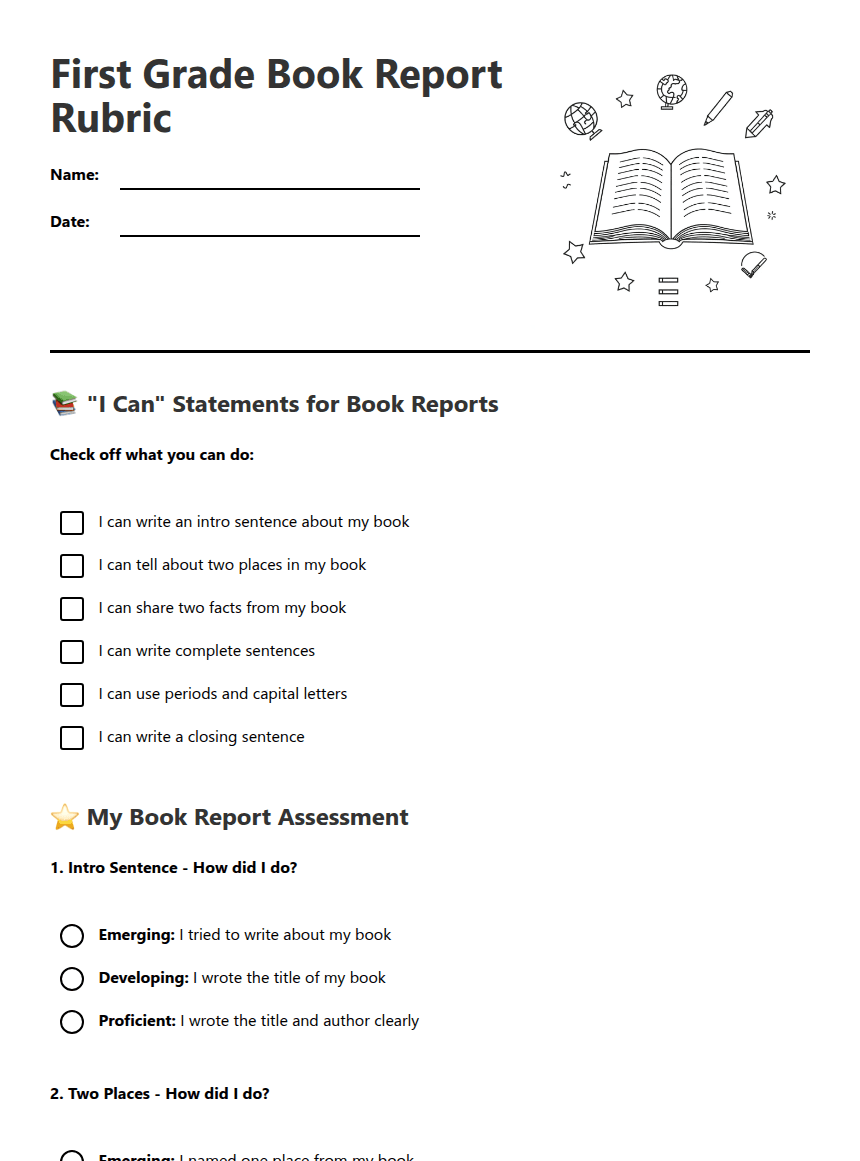 First Grade Book Report Rubric worksheet preview