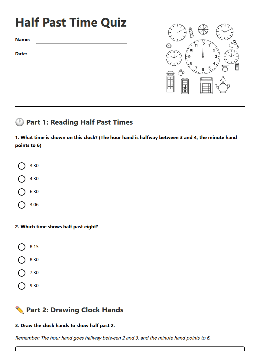 Half Past Time Quiz worksheet preview