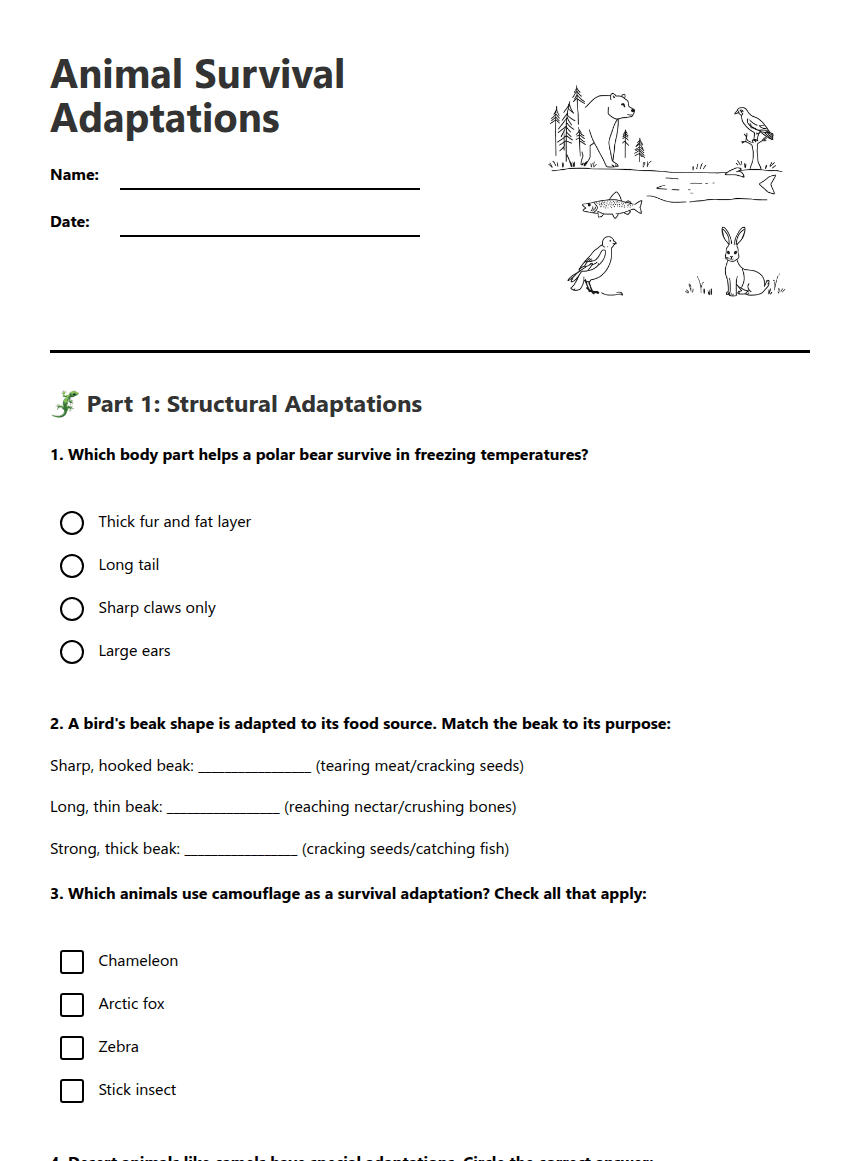 Animal Survival Adaptations worksheet preview