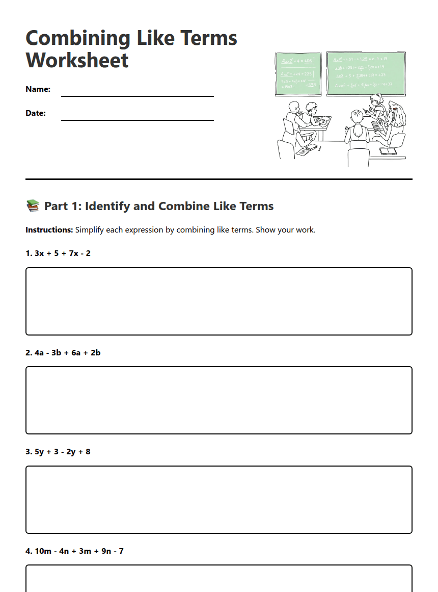 Combining Like Terms Worksheet worksheet preview