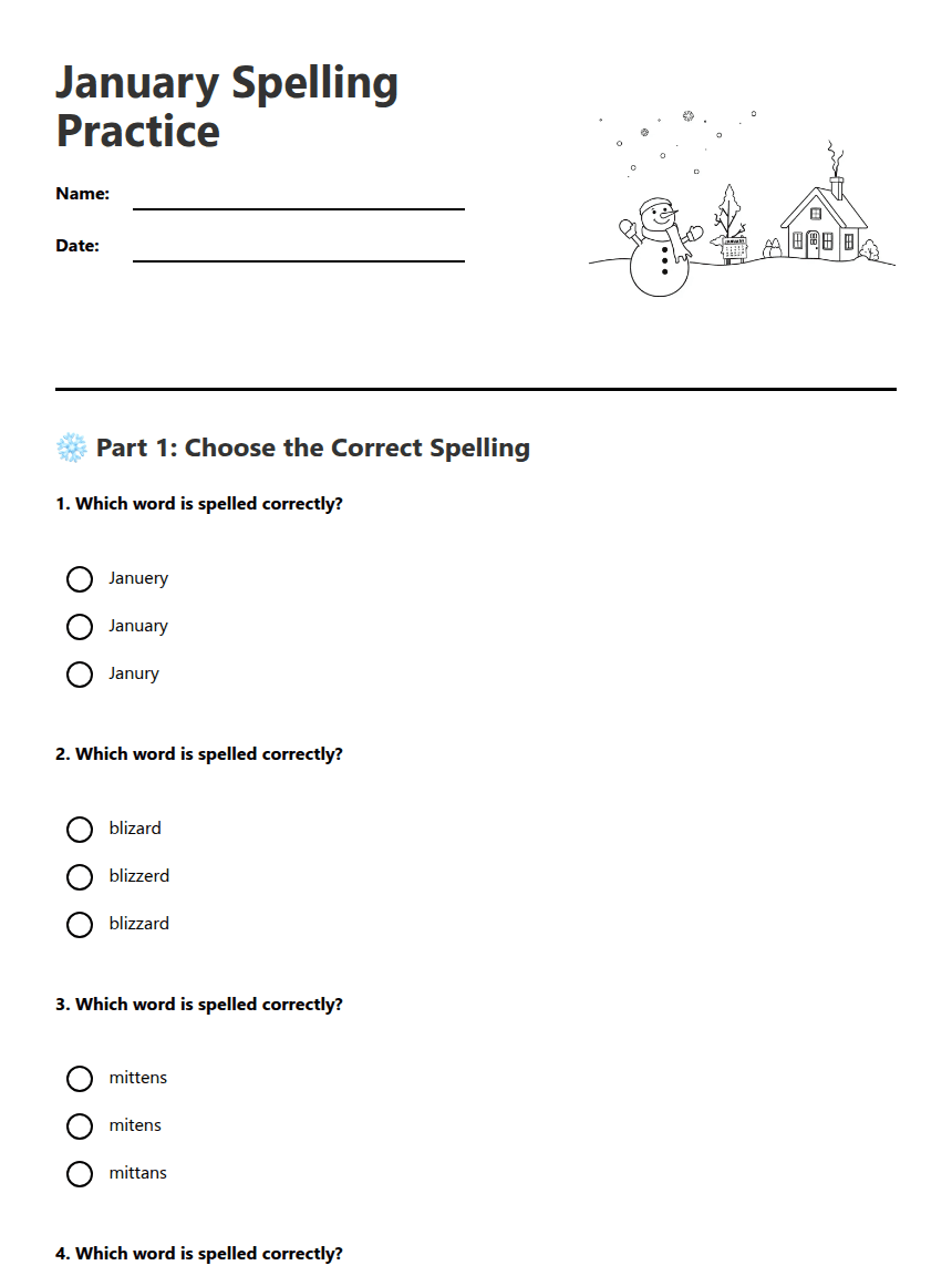 January Spelling Practice worksheet preview