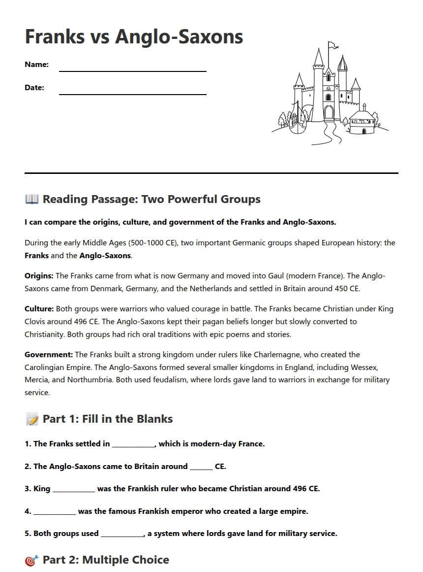 Franks vs Anglo-Saxons worksheet preview