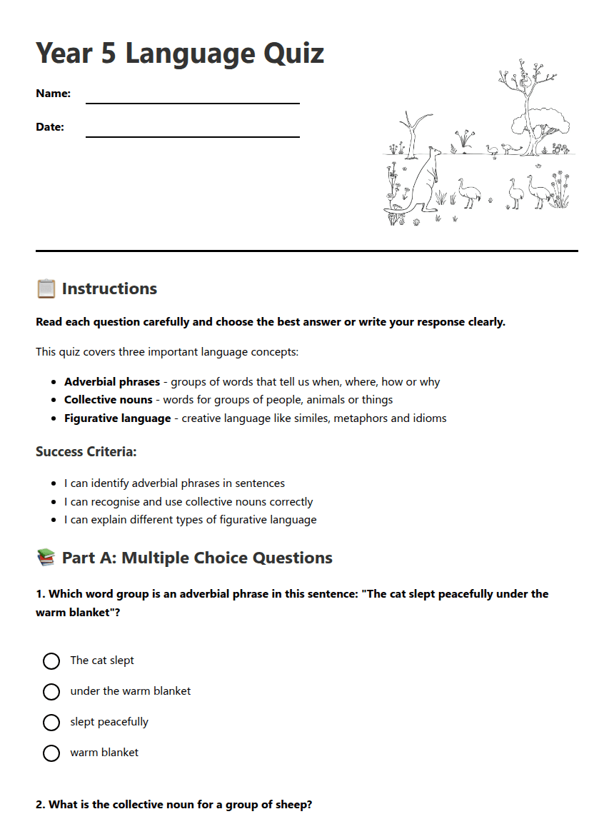 Year 5 Language Quiz worksheet preview
