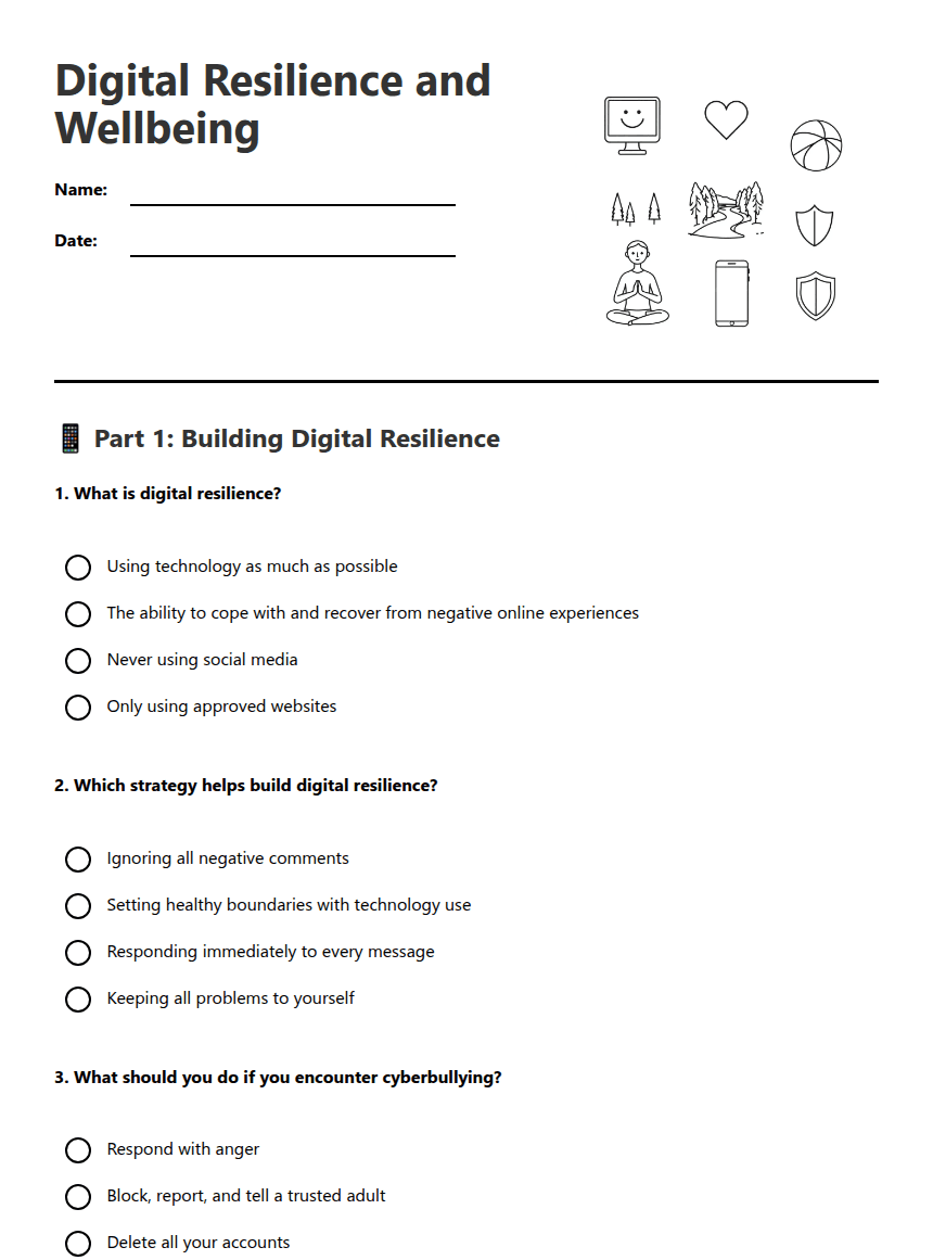 Digital Resilience and Wellbeing worksheet preview