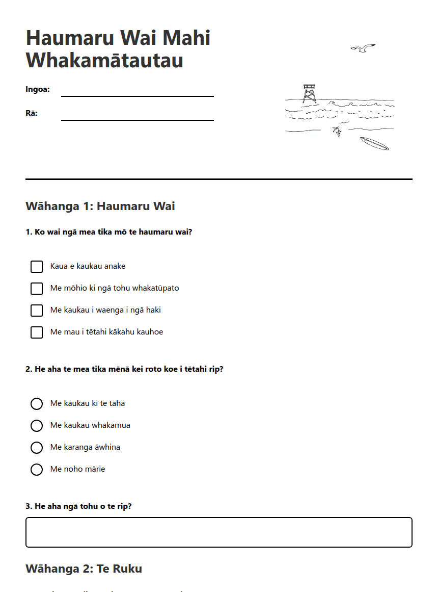 Haumaru Wai Mahi Whakamātautau worksheet preview