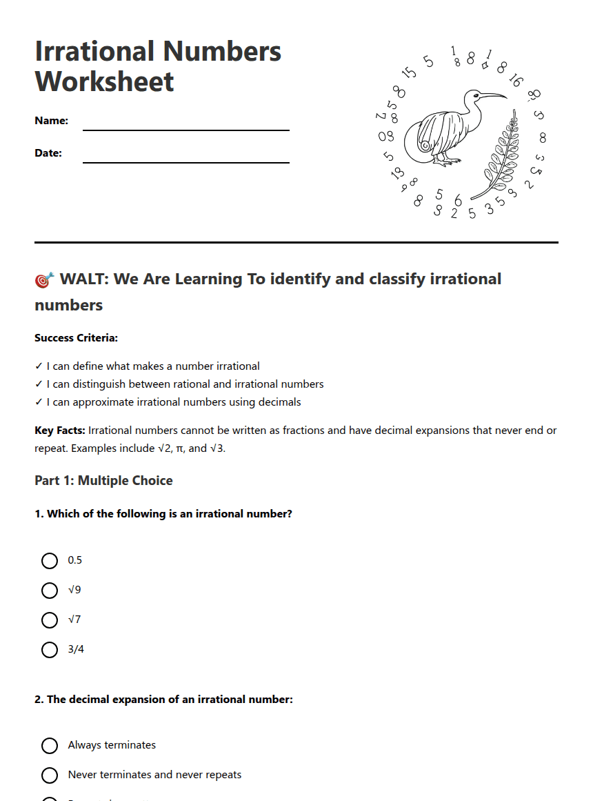 Irrational Numbers Worksheet worksheet preview