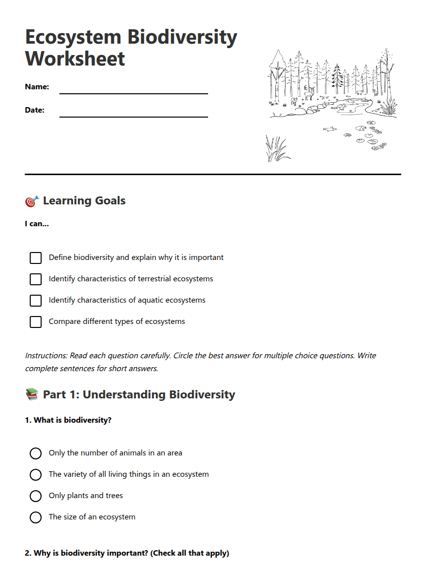Ecosystem Biodiversity Worksheet worksheet preview