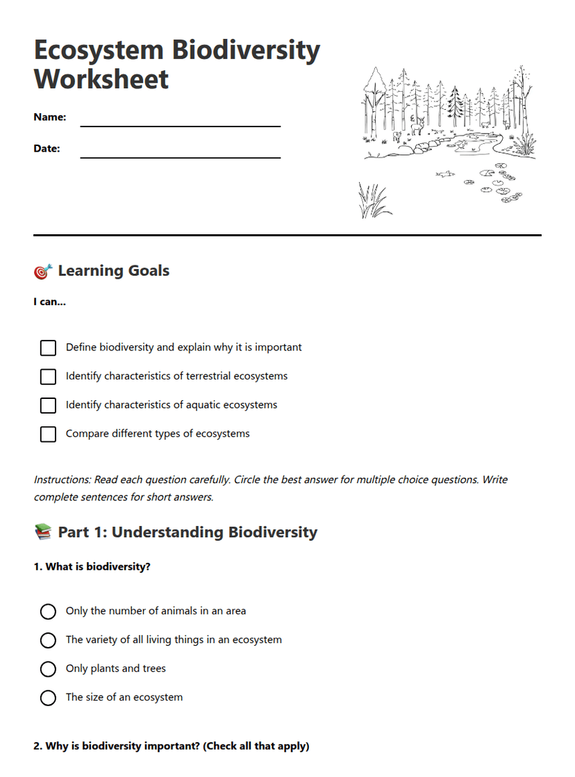 Ecosystem Biodiversity Worksheet