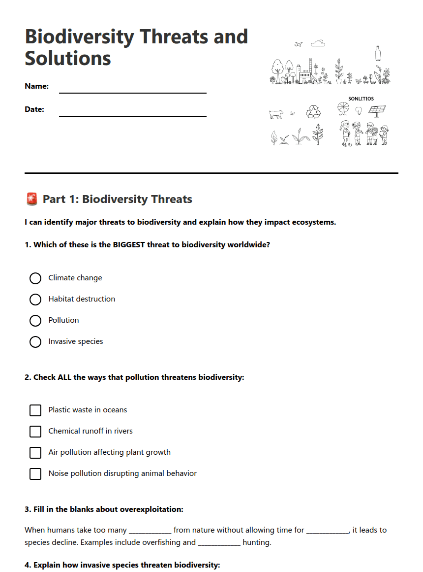 Biodiversity Threats and Solutions worksheet preview