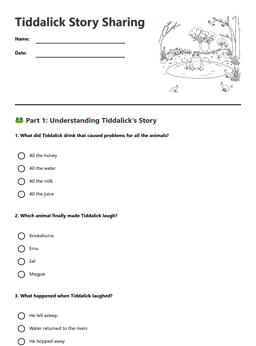 Tiddalick Story Sharing worksheet preview