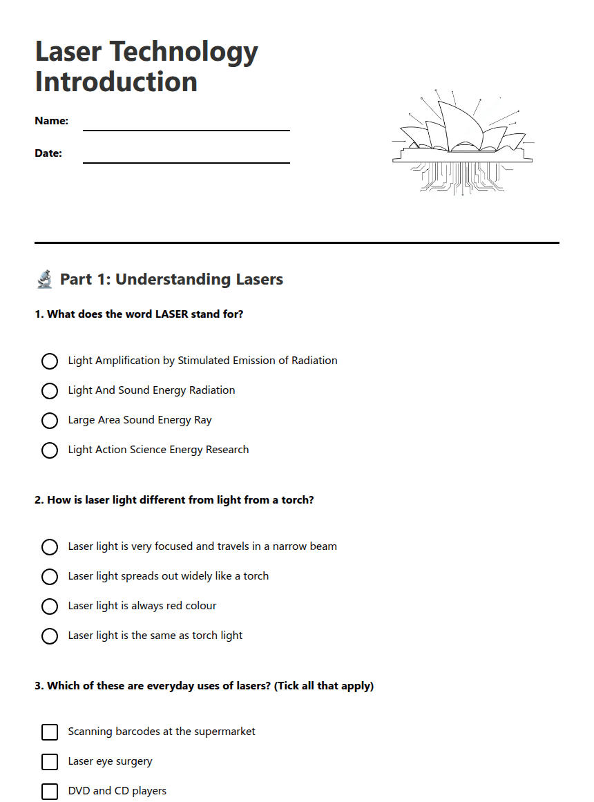 Laser Technology Introduction worksheet preview