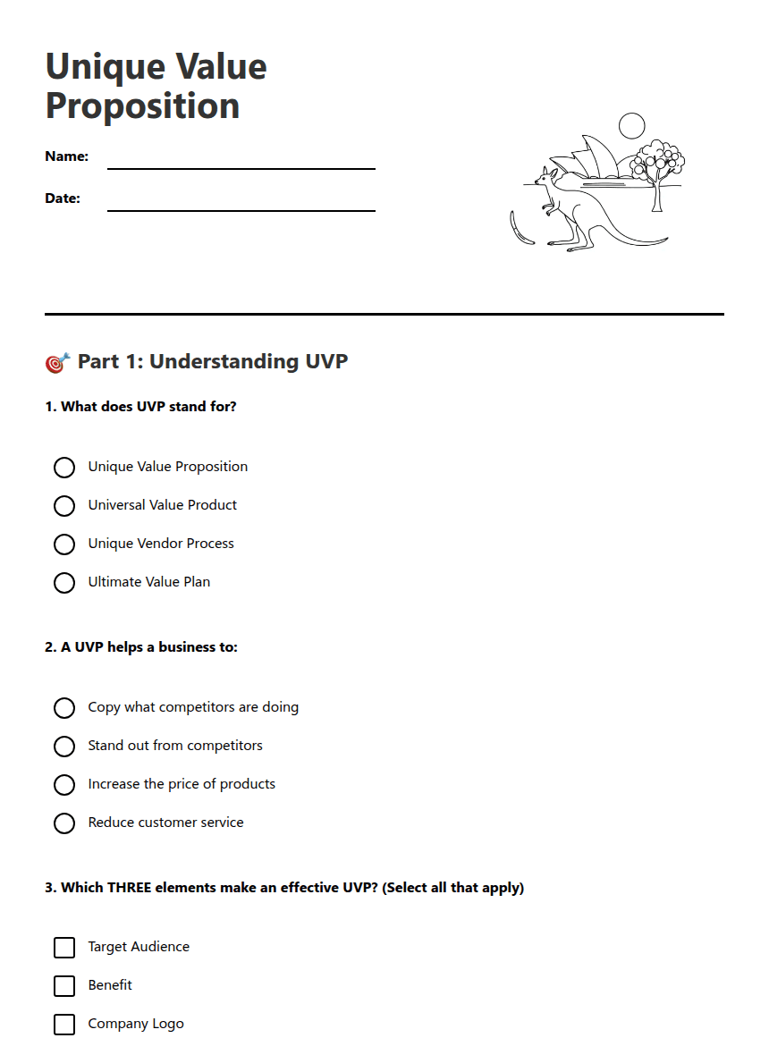 Unique Value Proposition worksheet preview