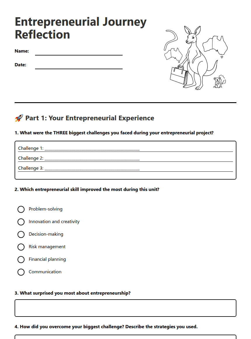 Entrepreneurial Journey Reflection worksheet preview