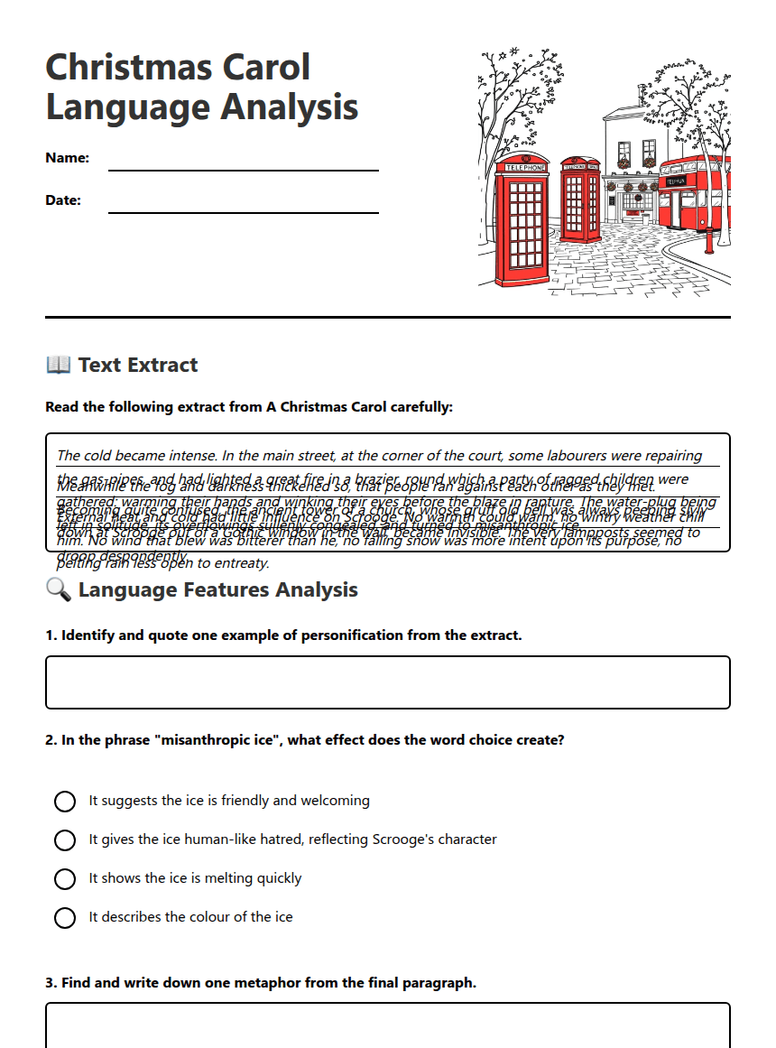 Christmas Carol Language Analysis worksheet preview