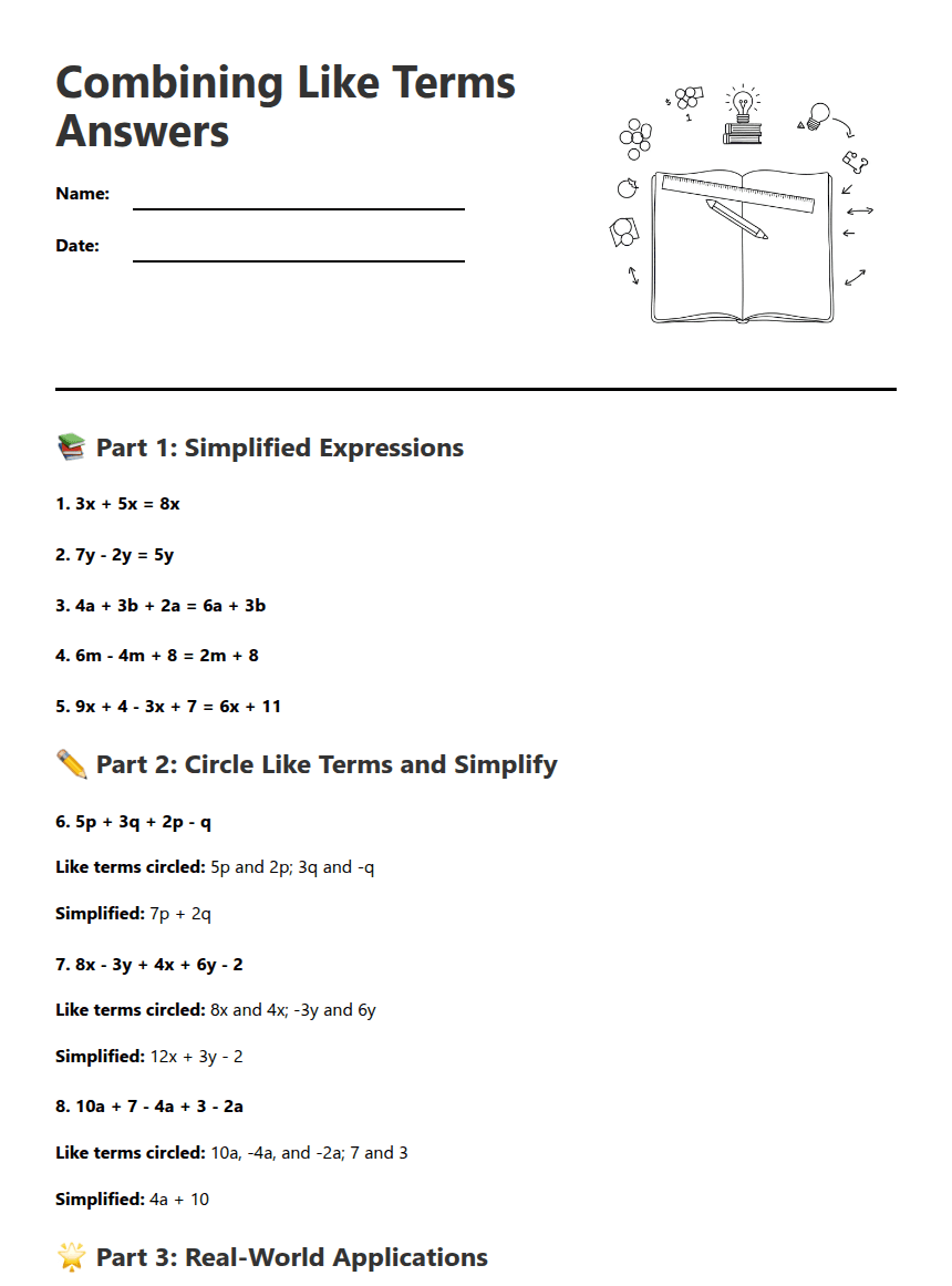 Combining Like Terms Answers worksheet preview