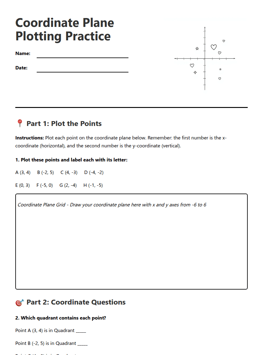 Coordinate Plane Plotting Practice worksheet preview