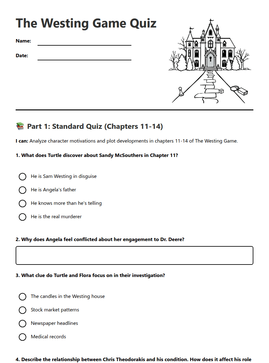 The Westing Game Quiz worksheet preview