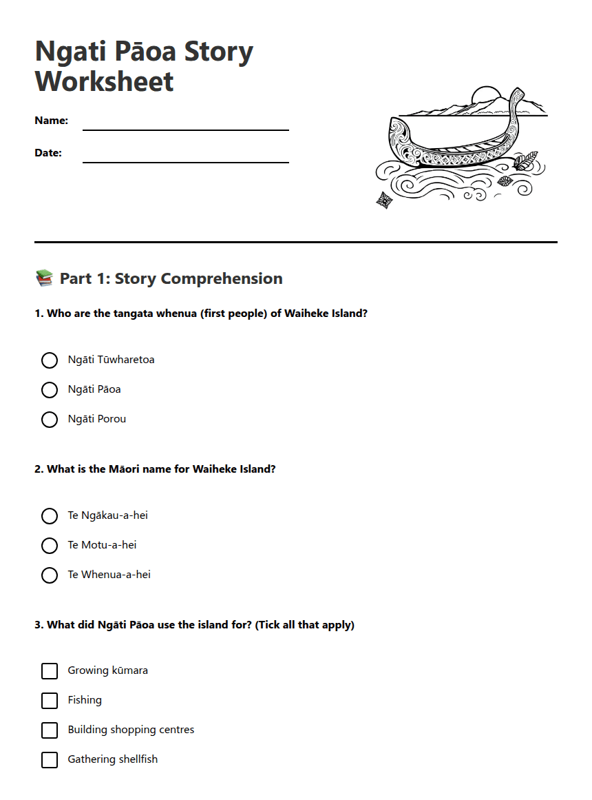 Ngati Pāoa Story Worksheet worksheet preview