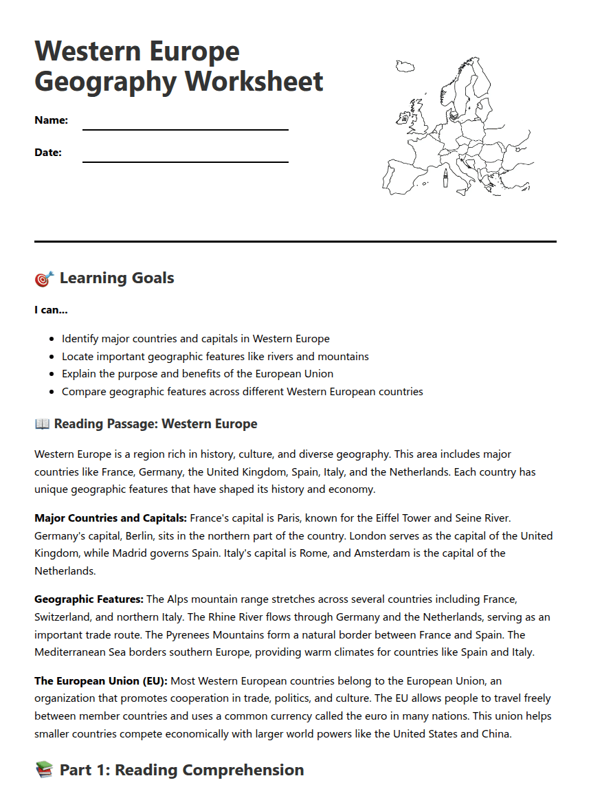 Western Europe Geography Worksheet worksheet preview