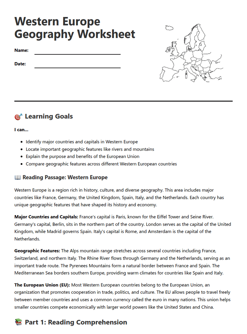 Western Europe Geography Worksheet