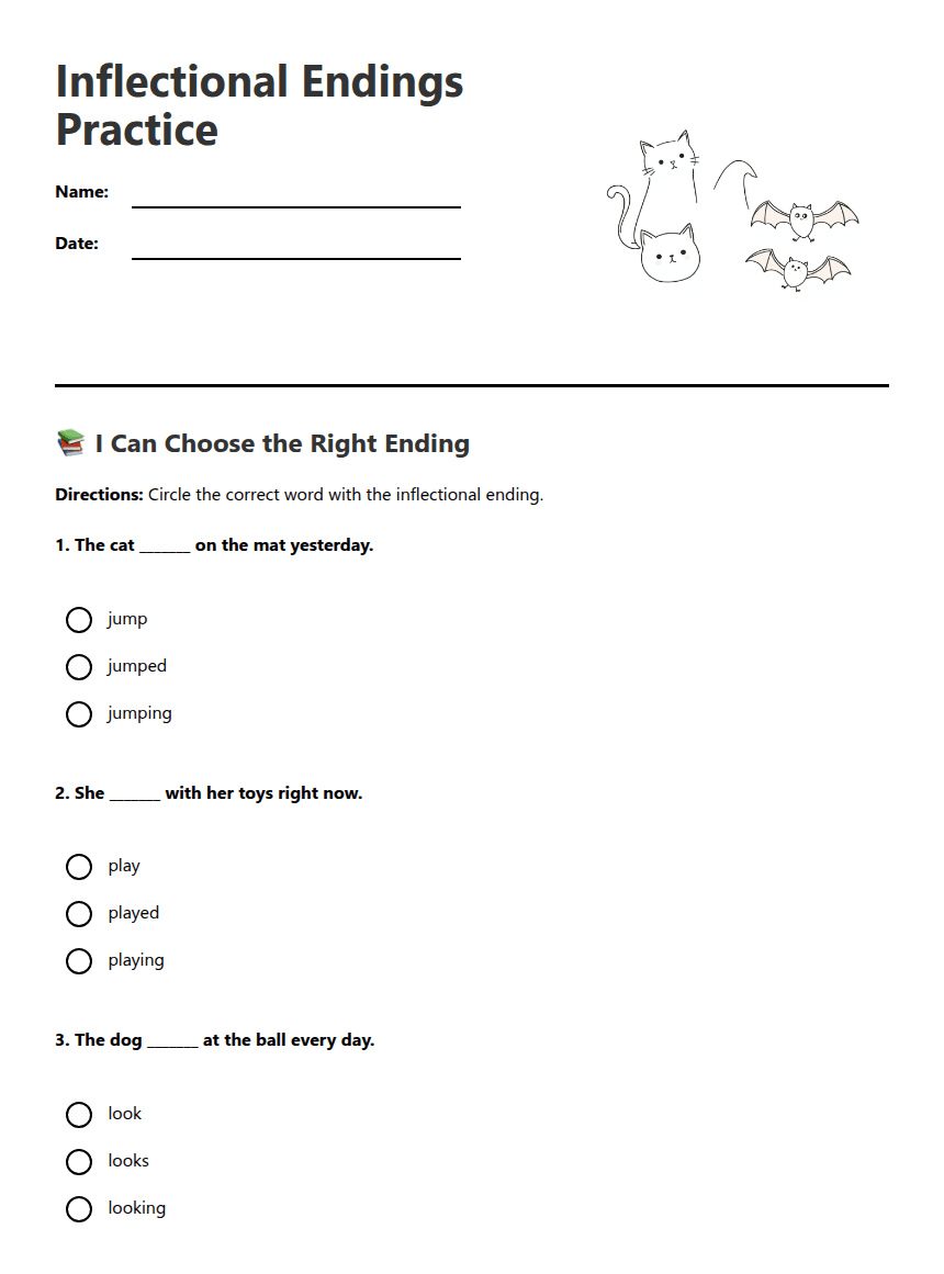 Inflectional Endings Practice worksheet preview