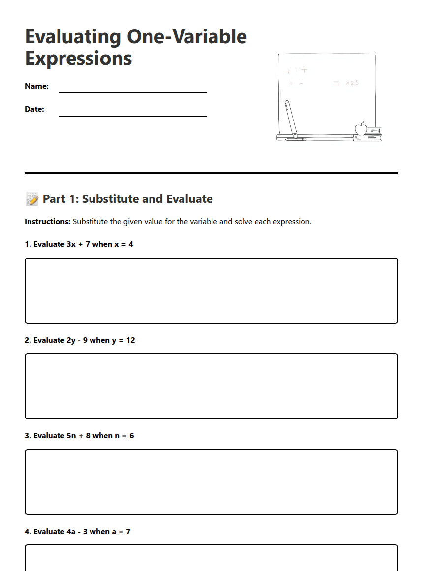 Evaluating One-Variable Expressions worksheet preview