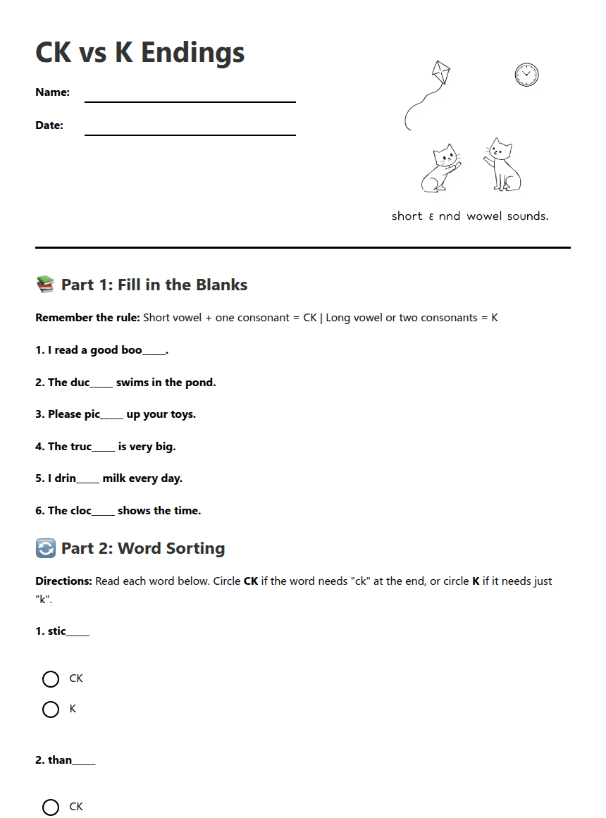 CK vs K Endings worksheet preview