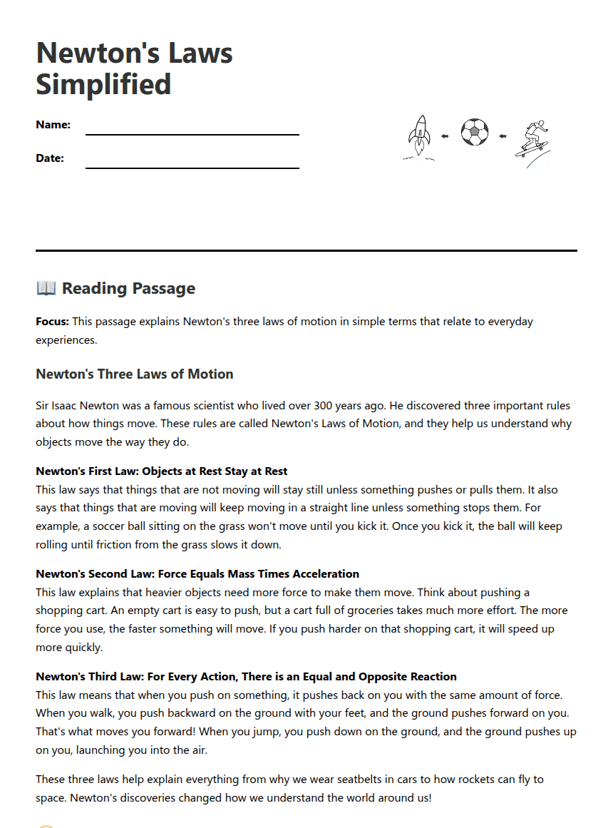 Newton's Laws Simplified worksheet preview