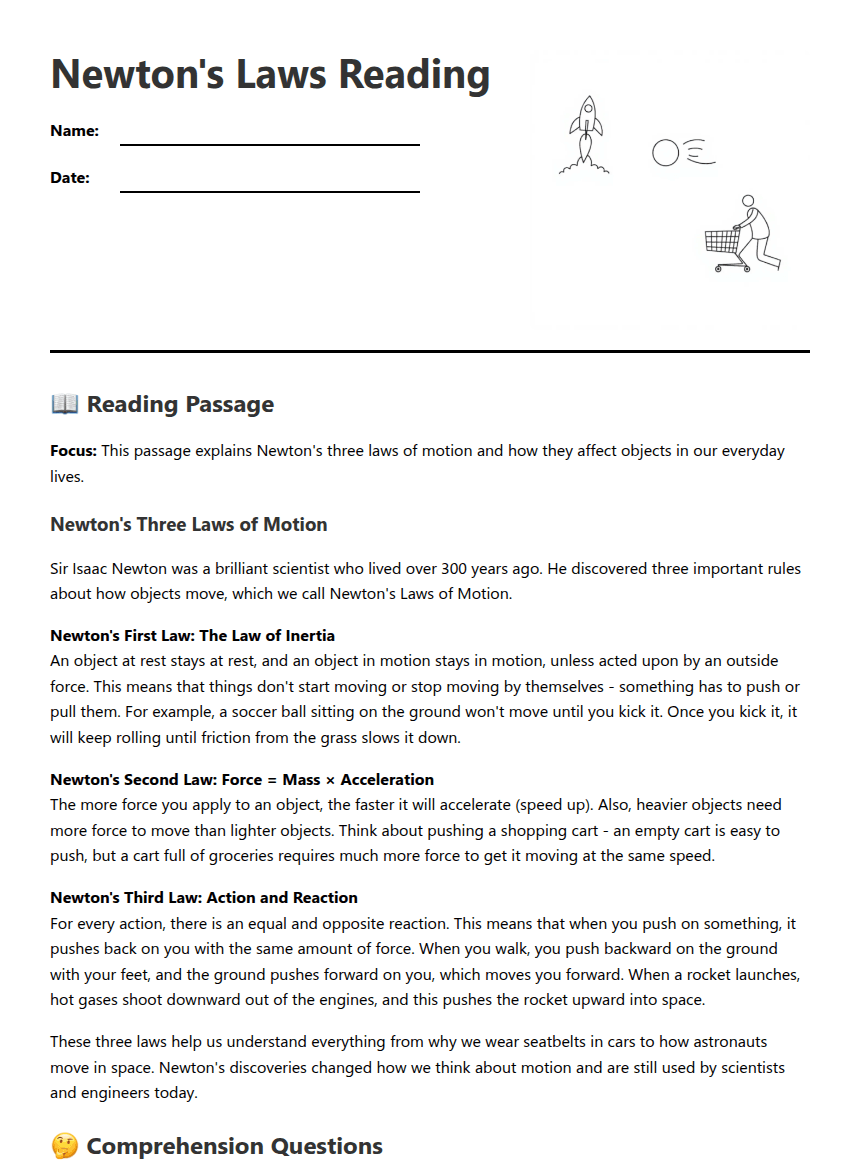 Newton's Laws Reading worksheet preview