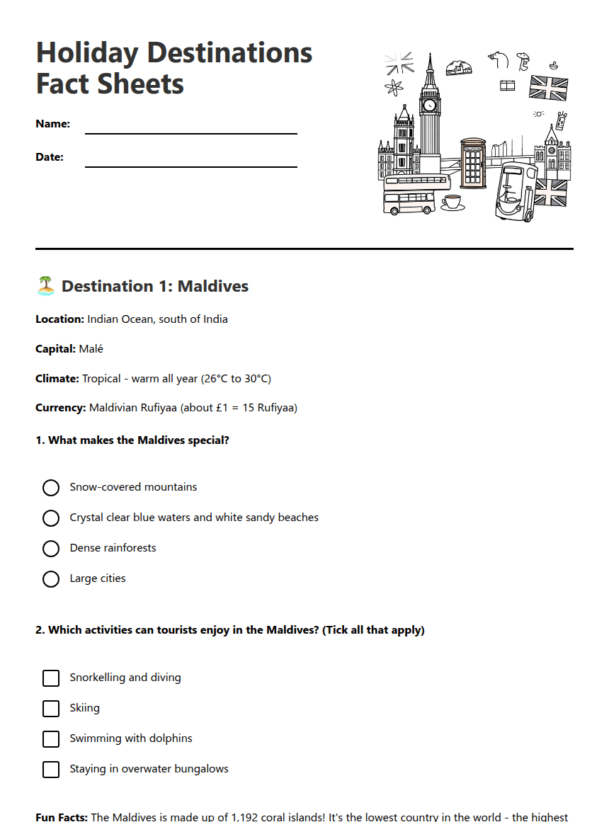 Holiday Destinations Fact Sheets worksheet preview