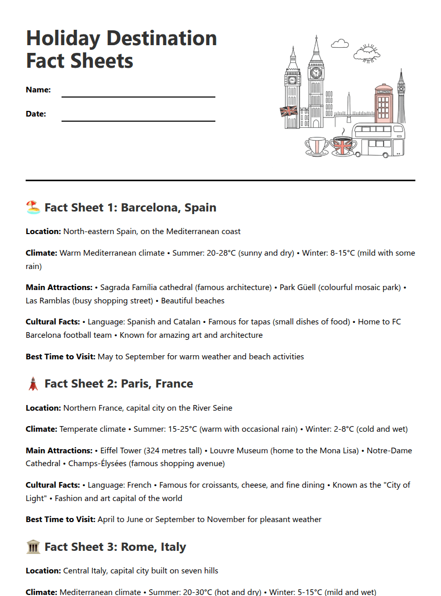 Holiday Destination Fact Sheets worksheet preview