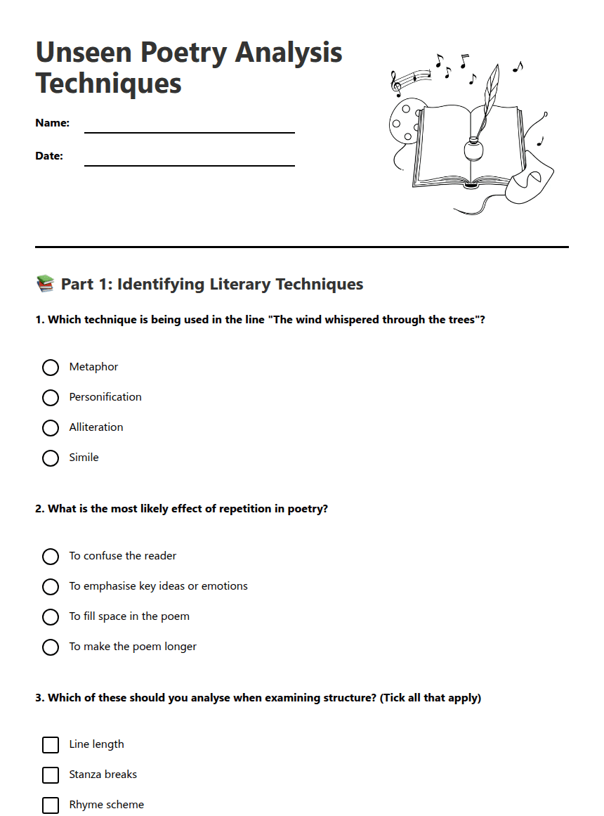 Unseen Poetry Analysis Techniques worksheet preview