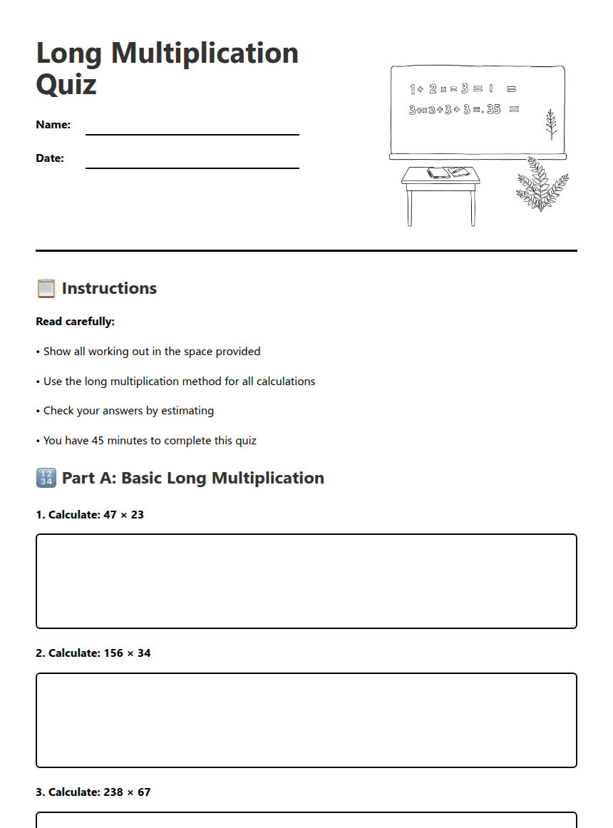Long Multiplication Quiz worksheet preview