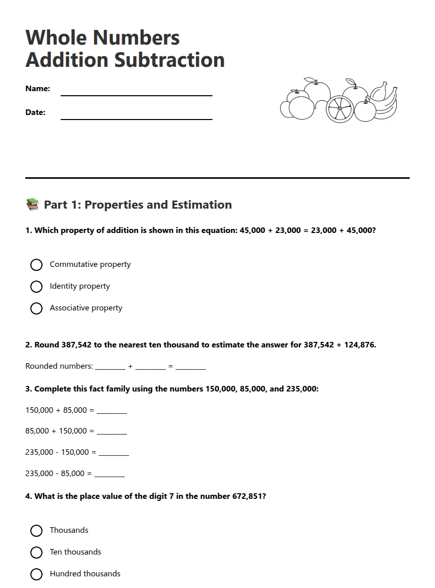 Whole Numbers Addition Subtraction worksheet preview