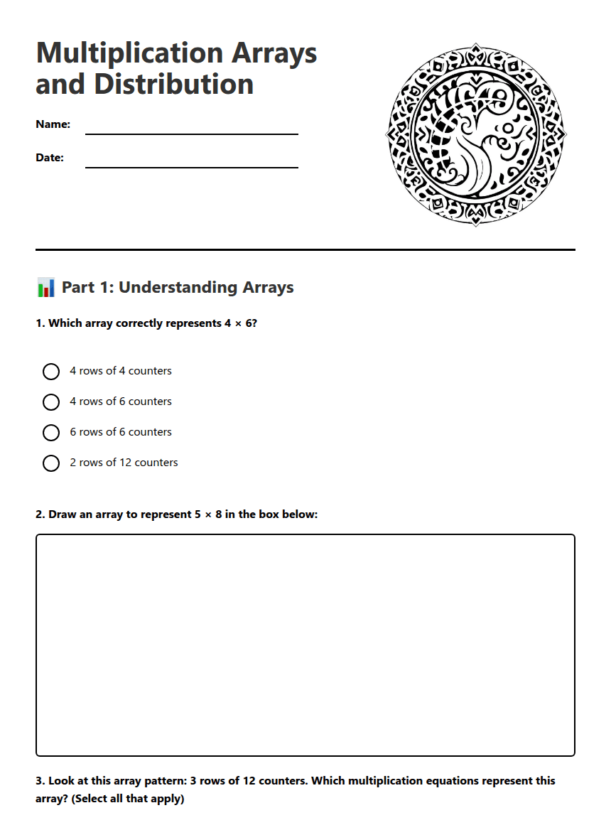 Multiplication Arrays and Distribution worksheet preview