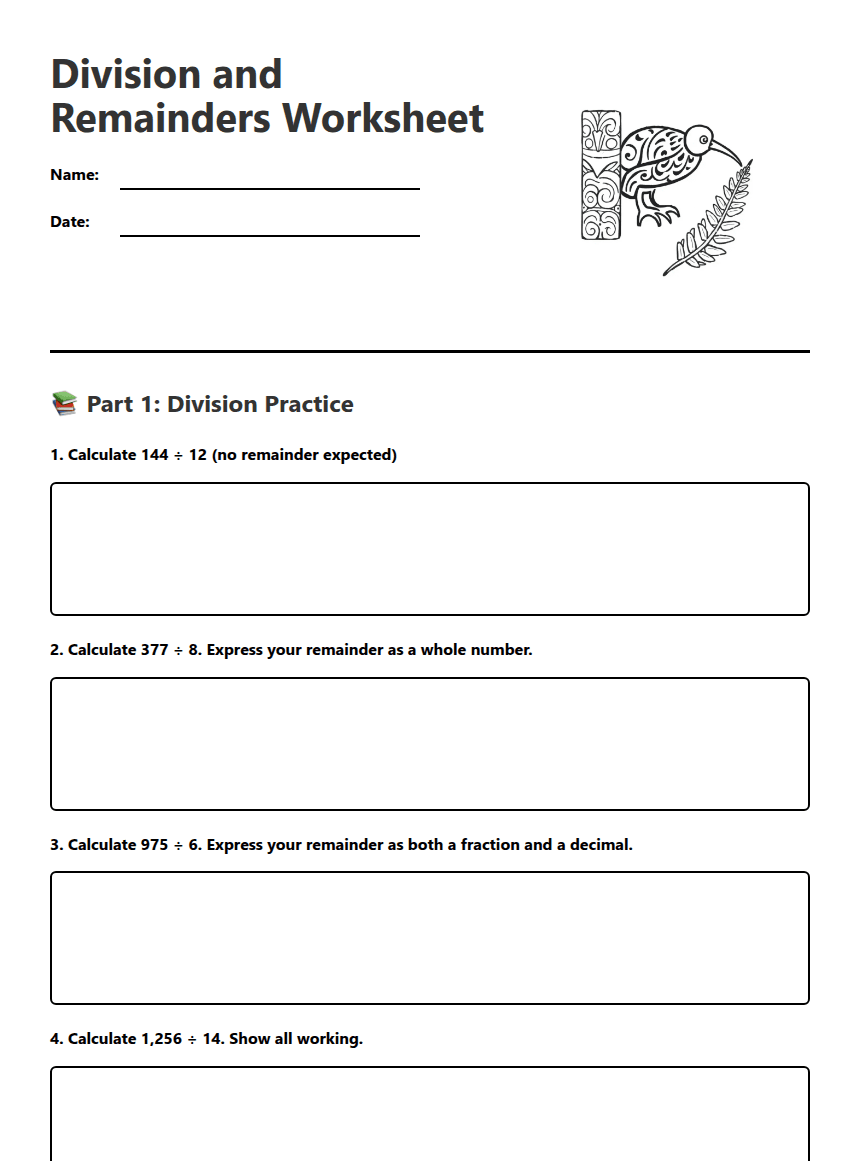 Division and Remainders Worksheet worksheet preview