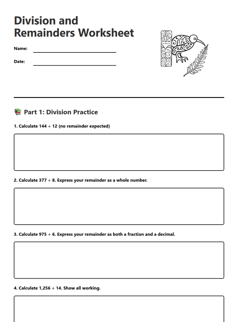 Division and Remainders Worksheet
