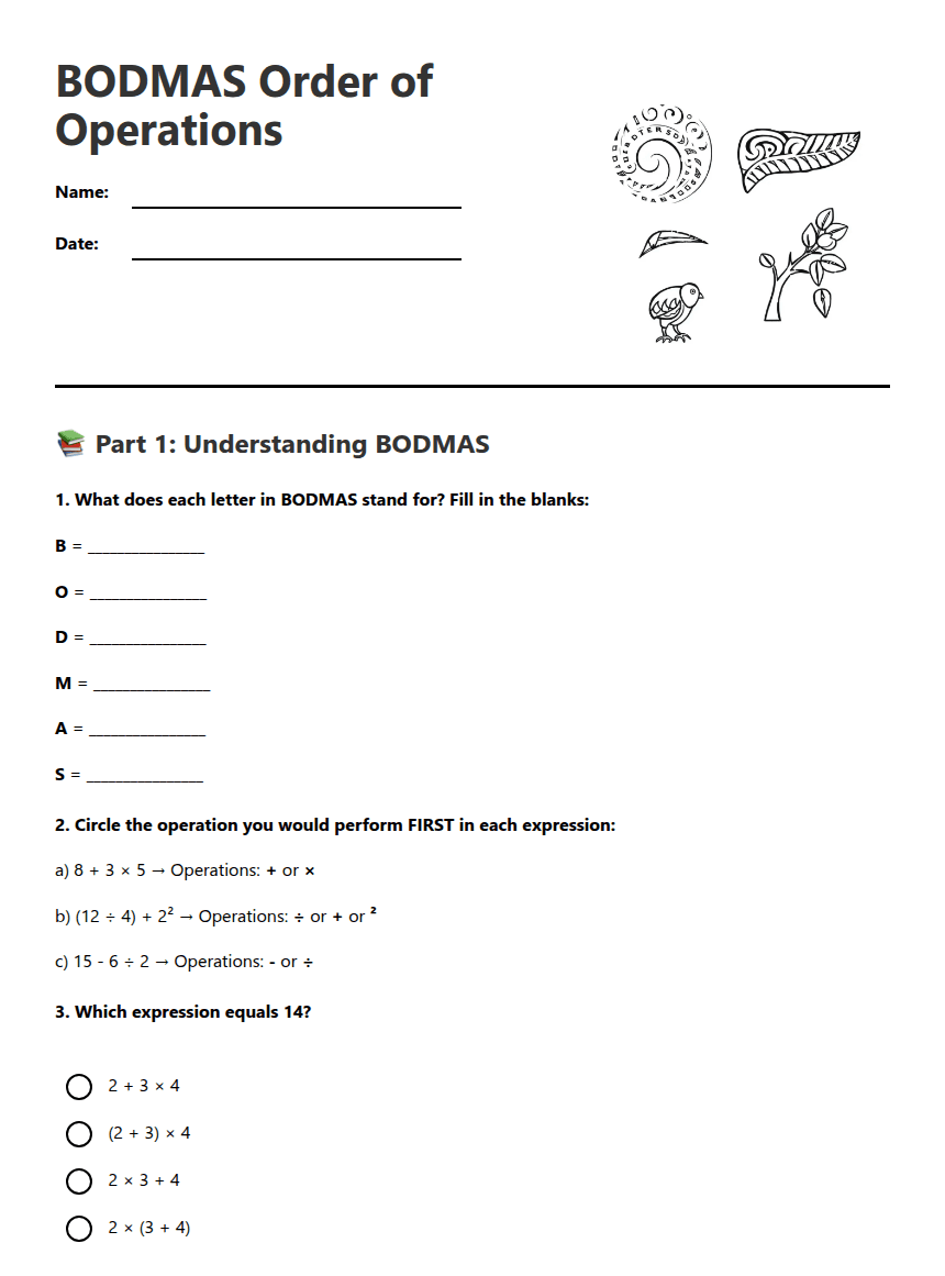 BODMAS Order of Operations worksheet preview