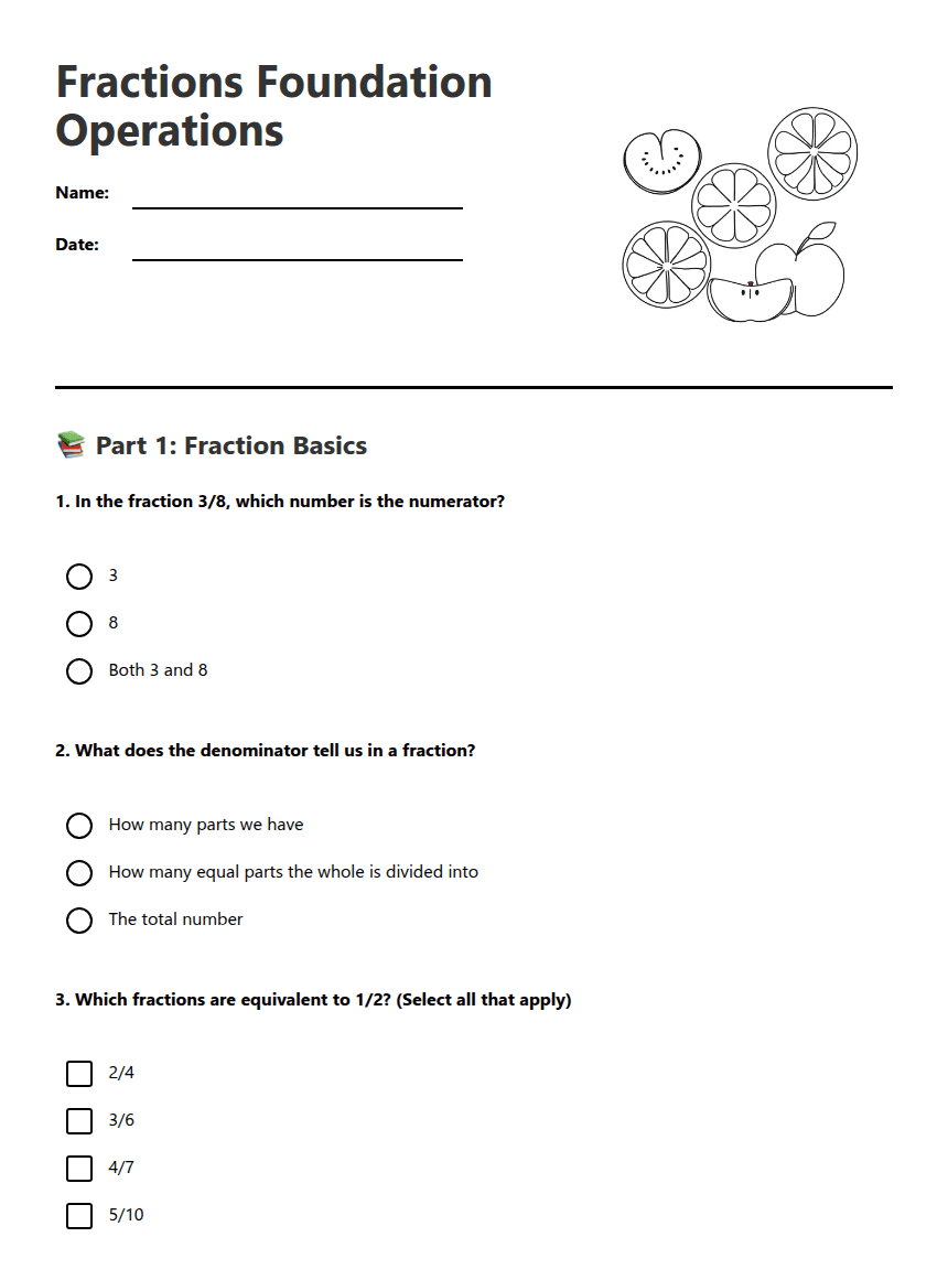 Fractions Foundation Operations worksheet preview