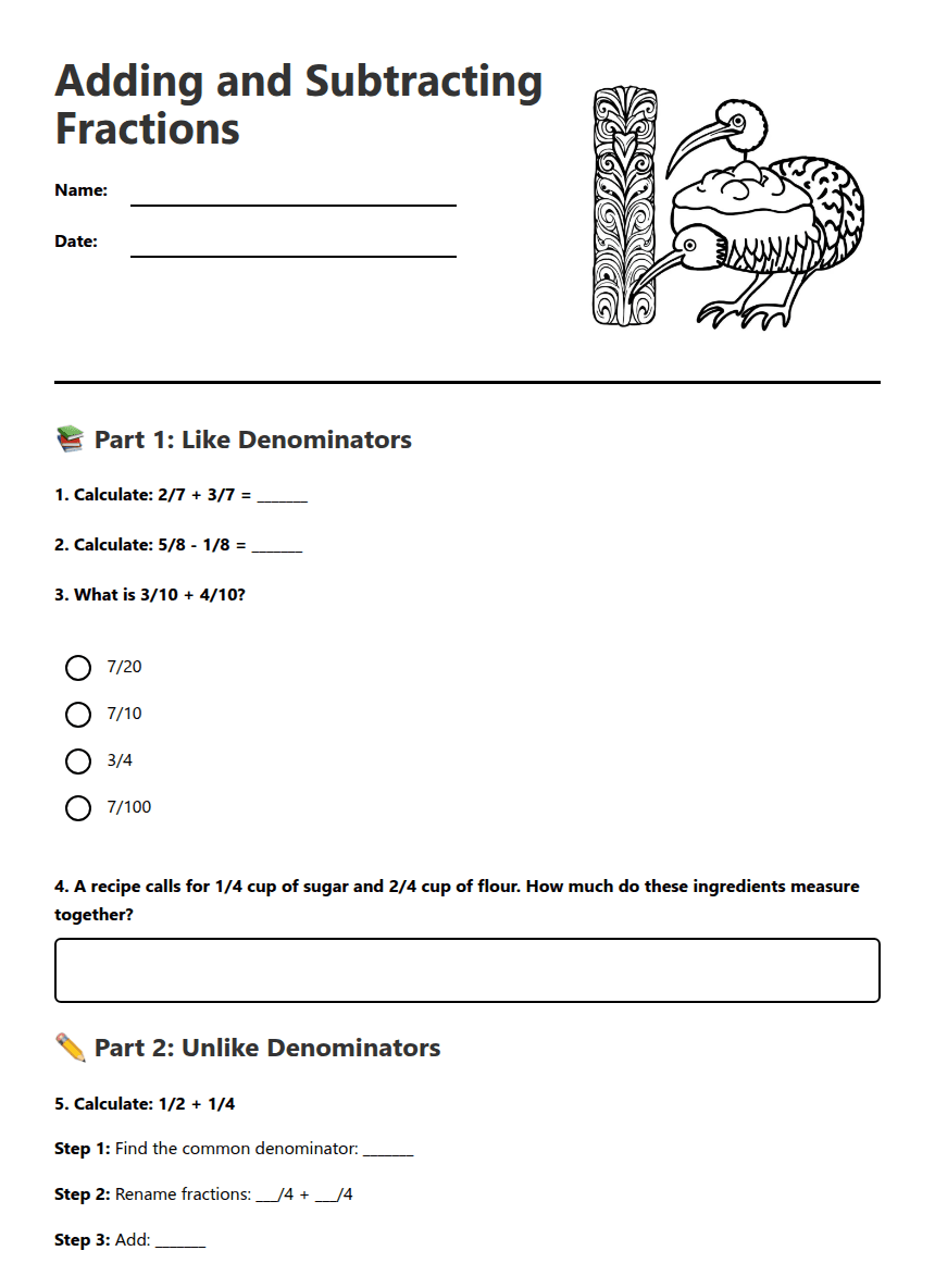 Adding Subtracting Fractions worksheet preview