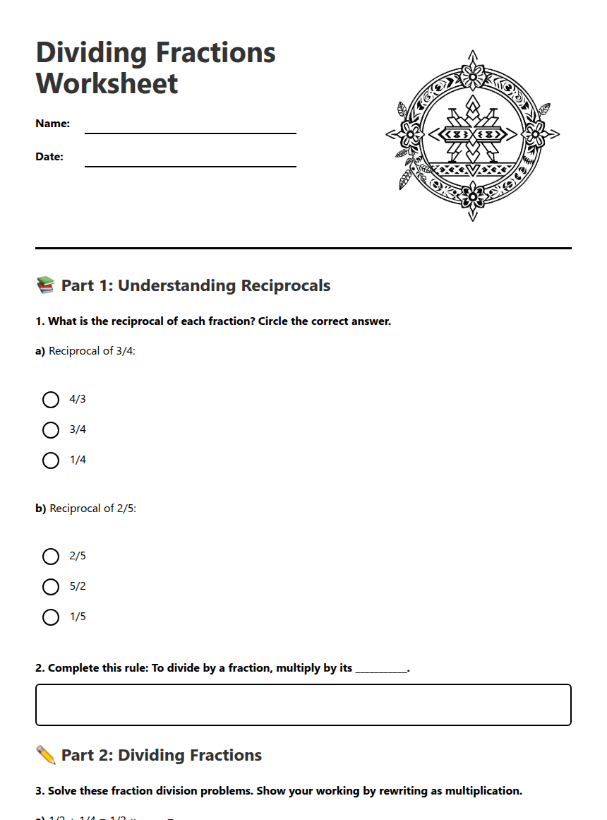Dividing Fractions Worksheet worksheet preview