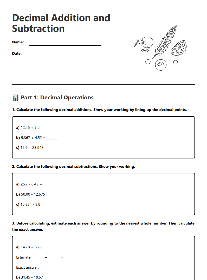 Decimal Addition and Subtraction worksheet preview