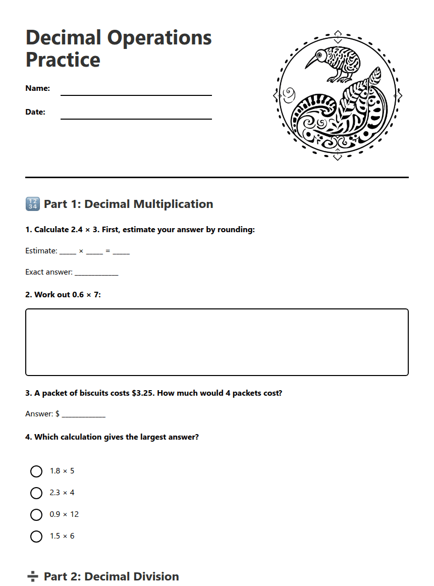 Decimal Operations Practice worksheet preview