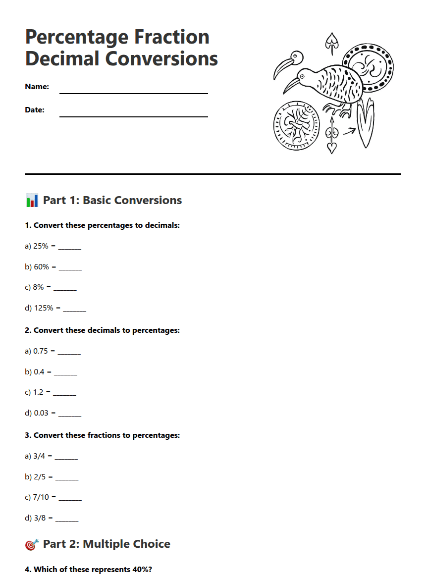 Percentage Fraction Decimal Conversions worksheet preview
